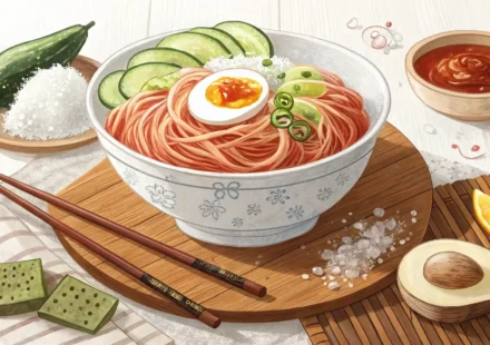 냉면 그릇과 영어 학습을 상징하는 아이콘이 함께 있는 이미지, 냉면 관련 영어 표현 배우기 컨셉
