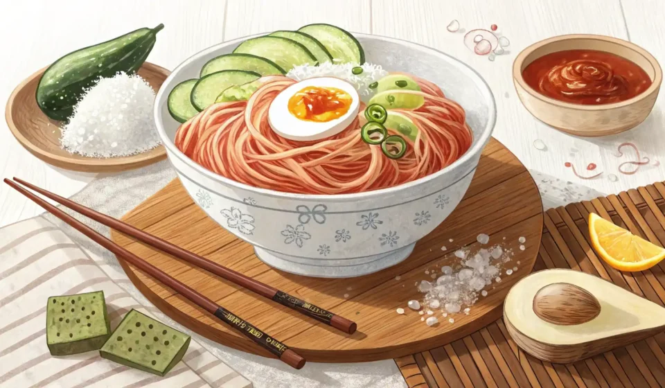 냉면 그릇과 영어 학습을 상징하는 아이콘이 함께 있는 이미지, 냉면 관련 영어 표현 배우기 컨셉