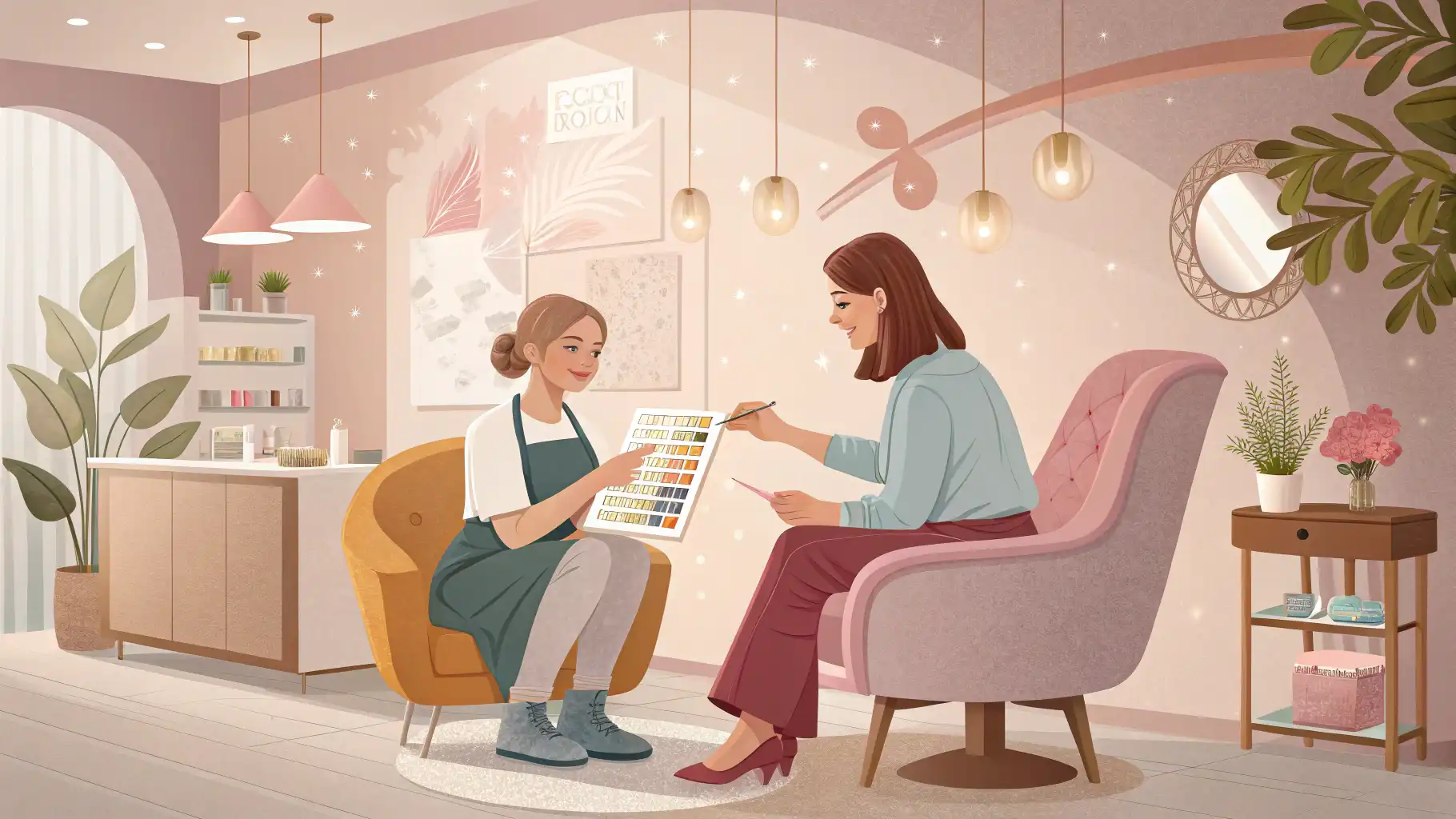 네일샵 직원과 손님이 영어로 디자인에 대해 대화하는 모습