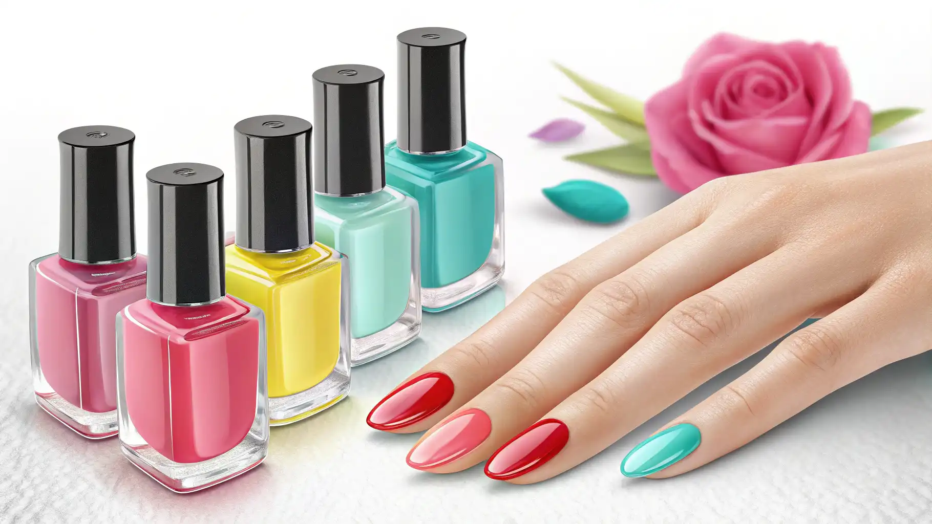 네일샵 영어 표현 배우기 콘셉트 이미지: 매니큐어 손과 영어 말풍선