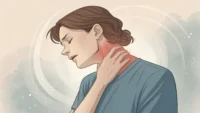 목 통증 관련 영어 표현 배우기: 목을 짚은 사람과 영어 학습 아이콘이 있는 이미지