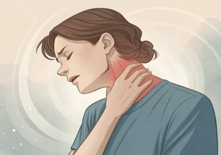 목 통증 관련 영어 표현 배우기: 목을 짚은 사람과 영어 학습 아이콘이 있는 이미지