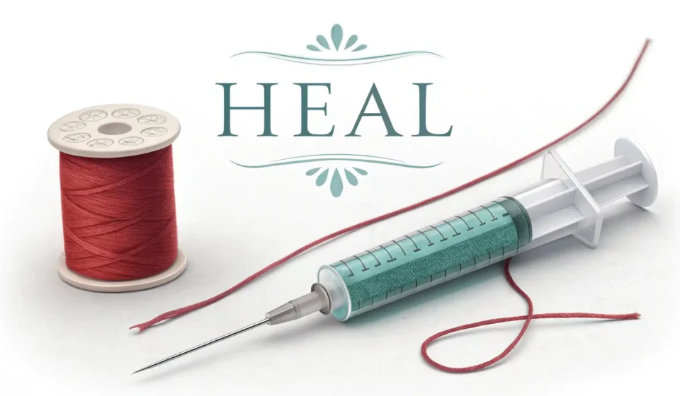 바느질 바늘과 주사기 바늘이 나란히 놓여 있고 그 위에 영어 단어 학습을 상징하는 밝은 전구 아이콘이 있는 이미지.