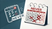 영어 부정 표현 Never와 Not at all의 차이(빈도 vs 정도)를 시각적으로 나타내는 달력과 게이지 아이콘 이미지