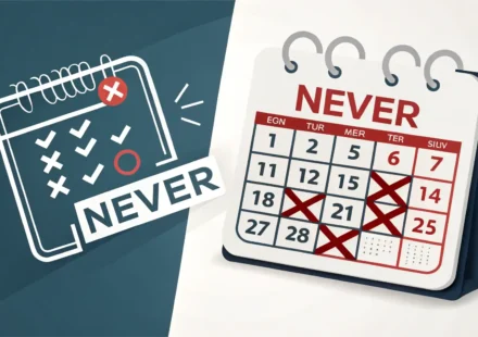 영어 부정 표현 Never와 Not at all의 차이(빈도 vs 정도)를 시각적으로 나타내는 달력과 게이지 아이콘 이미지