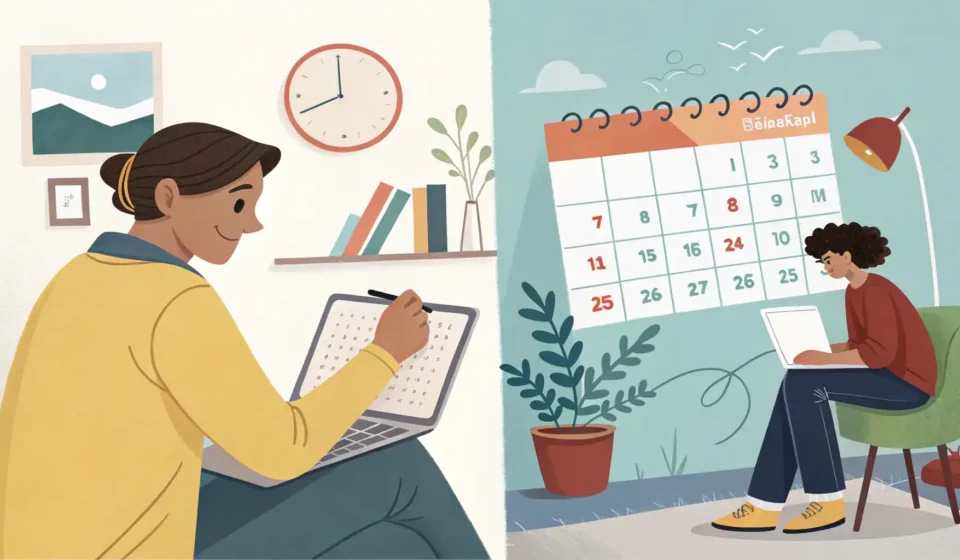 현재 시점 영어 표현 'Now'와 'At the moment'의 미묘한 차이를 시각적으로 비교하는 이미지