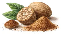 영어 단어 'Nutmeg' 배우기: 통 육두구와 가루 육두구 향신료 클로즈업 이미지