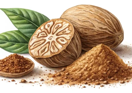 영어 단어 'Nutmeg' 배우기: 통 육두구와 가루 육두구 향신료 클로즈업 이미지