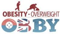 비만(Obesity)과 과체중(Overweight) 관련 영어 표현 학습을 나타내는 그래픽 이미지.