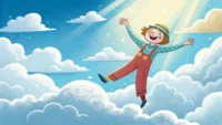밝은 하늘 구름 사이에 행복하게 떠 있는 사람 이미지, 영어 행복 표현 'on cloud nine' 상징