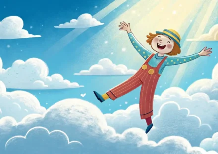 밝은 하늘 구름 사이에 행복하게 떠 있는 사람 이미지, 영어 행복 표현 'on cloud nine' 상징