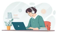 온라인 강의 관련 영어 표현: 헤드폰을 끼고 노트북으로 강의를 듣는 사람 일러스트