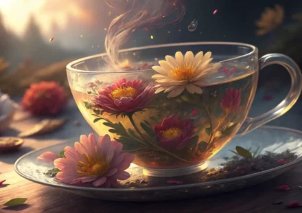 플라워 카페에서 꽃차를 주문하는 영어 표현 학습을 나타내는 향긋한 꽃차 이미지