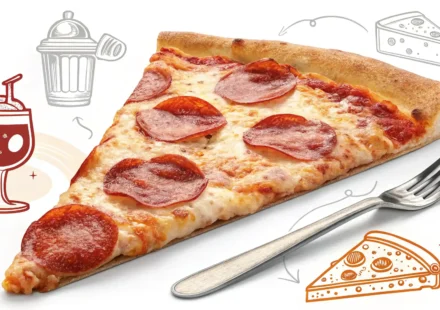 맛있는 피자 조각과 영국 및 미국 국기 아이콘, 영어로 피자 주문하는 법 배우기 상징.
