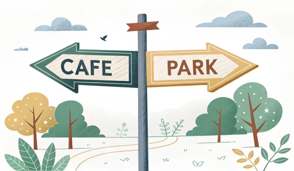 'Otherwise'와 'Or else'의 차이와 경고 의미를 시각적으로 표현하는 갈림길 표지판과 경고 아이콘 일러스트