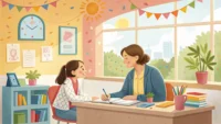 초등학교 교실에서 학부모와 선생님이 마주앉아 긍정적으로 상담하는 모습 일러스트