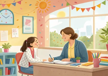 초등학교 교실에서 학부모와 선생님이 마주앉아 긍정적으로 상담하는 모습 일러스트