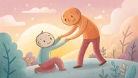따뜻한 그림체로 표현된 양육 상담 장면, 도움의 손길과 영어 소통 지원을 상징하는 이미지.