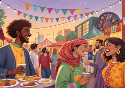 파티에서 자신감 있게 영어로 대화하는 사람들을 보여주는 밝고 긍정적인 분위기의 일러스트