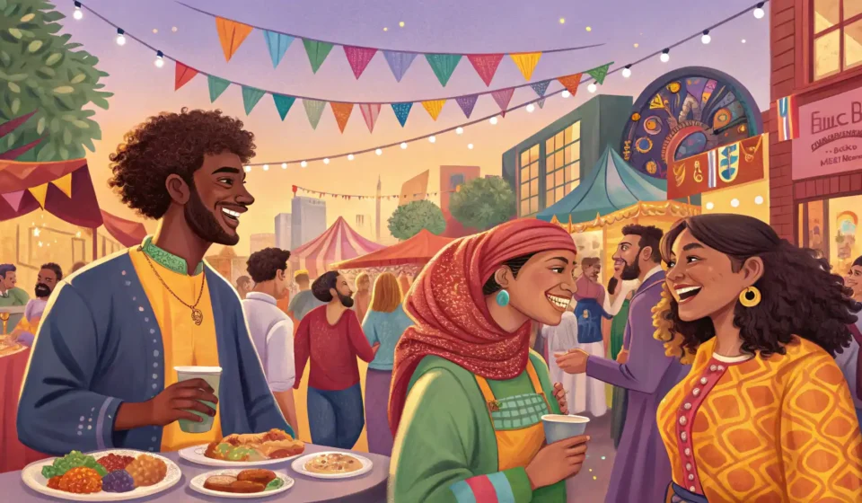 파티에서 자신감 있게 영어로 대화하는 사람들을 보여주는 밝고 긍정적인 분위기의 일러스트