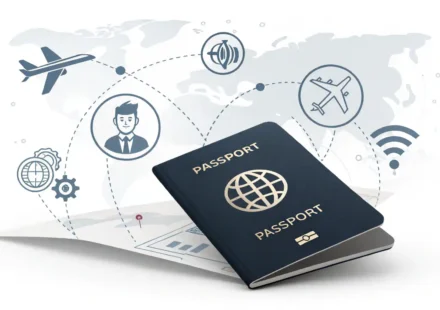 해외여행 시 필요한 여권 관련 영어 표현 학습을 나타내는 여권과 아이콘 이미지