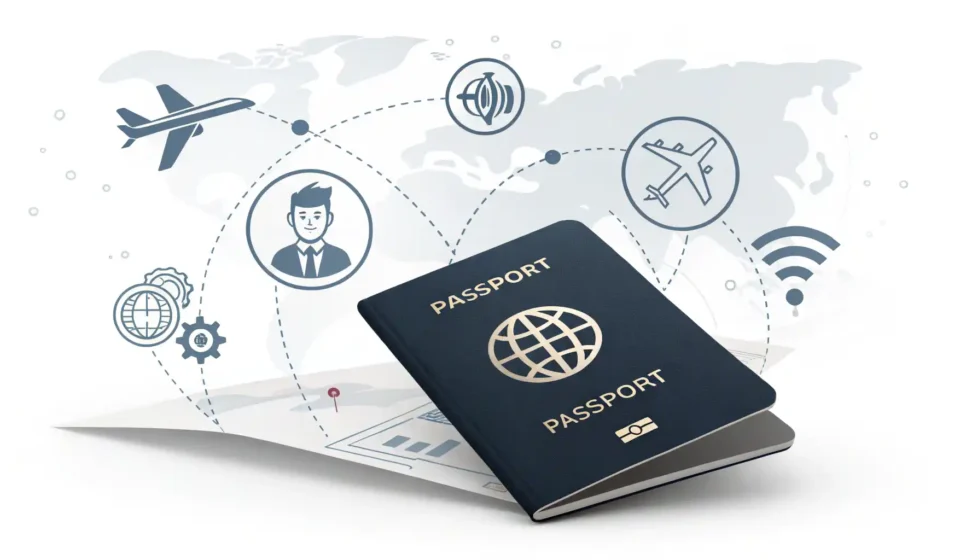 해외여행 시 필요한 여권 관련 영어 표현 학습을 나타내는 여권과 아이콘 이미지