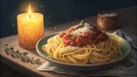 맛있는 파스타 접시 옆에 영어 학습을 상징하는 말풍선 아이콘이 있는 이미지.