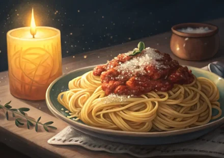 맛있는 파스타 접시 옆에 영어 학습을 상징하는 말풍선 아이콘이 있는 이미지.