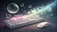 PC방 영어 표현 배우기 컨셉의 키보드와 영어 말풍선 일러스트