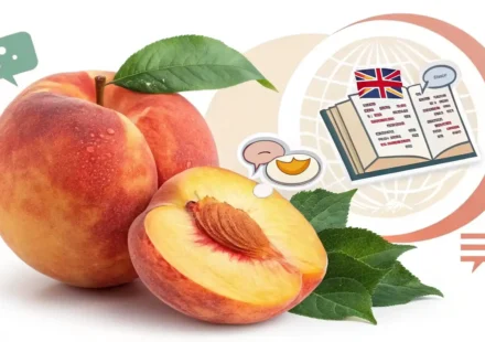 복숭아 영어 표현 배우기: 신선한 복숭아와 영어 학습 아이콘 이미지
