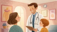 소아과 의사, 부모, 아이가 함께 있는 그림과 영어 국기 및 의료 아이콘 - 소아과 필수 영어 표현 배우기