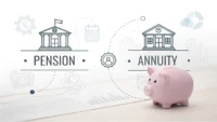 Pension과 Annuity 아이콘과 함께 'Pension vs Annuity' 텍스트가 표시된 영어 학습 썸네일 이미지, 연금 관련 영어 표현 배우기.