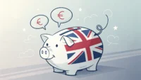 영어 금융 표현 학습을 상징하는 영국 국기 무늬 돼지 저금통과 'Personal Finance', 'Budget', 'Invest' 영어 단어가 적힌 말풍선 일러스트.