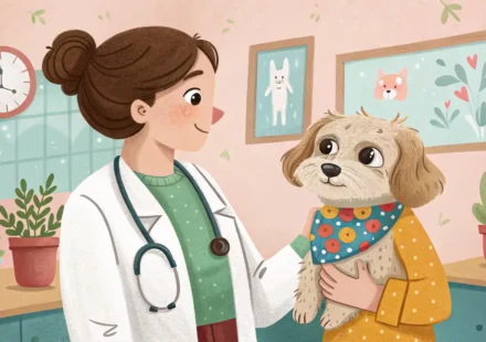 수의사에게 반려동물 수술 후 관리에 대해 영어로 질문하는 상황을 표현한 일러스트