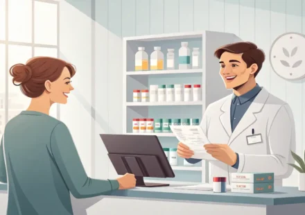 약국 카운터에서 약사에게 처방전을 보여주며 영어로 소통하는 방법을 배우는 것을 나타내는 일러스트 이미지