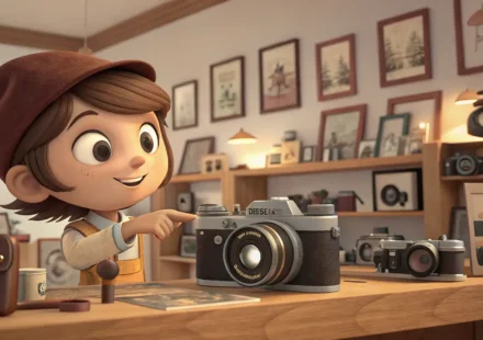 사진관 카운터에서 시계를 보며 사진 인화 소요 시간을 묻는 사람과 안내하는 직원 모습 일러스트