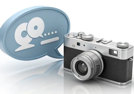 카메라 아이콘과 영어 학습을 상징하는 말풍선 아이콘, 사진 촬영 팁 영어 표현 배우기