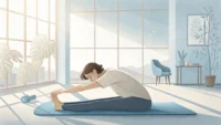 물리치료실에서 스트레칭하며 근육 이완 팁 관련 영어를 배우는 것을 상징하는 이미지.