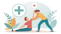 물리치료실에서 사용하는 영어 표현 배우기 컨셉을 나타내는 일러스트레이션. 스트레칭하는 사람 아이콘과 영어 말풍선이 함께 있음.