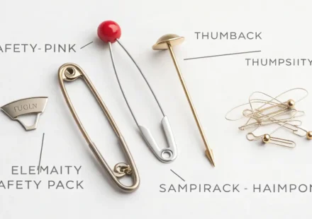 다양한 종류의 핀(안전핀, 압정, 머리핀, 지도 핀, 라펠 핀)이 깔끔하게 배열된 이미지.