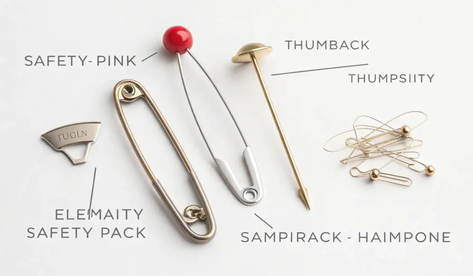 다양한 종류의 핀(안전핀, 압정, 머리핀, 지도 핀, 라펠 핀)이 깔끔하게 배열된 이미지.