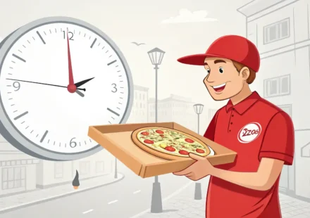 피자 배달 시간 영어 질문 관련 이미지: 피자 상자와 시계 아이콘
