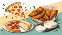 피자와 마늘빵, 치킨 윙 등 사이드 메뉴 그림과 함께 영어 질문 및 주문을 상징하는 말풍선 아이콘.