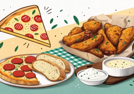 피자와 마늘빵, 치킨 윙 등 사이드 메뉴 그림과 함께 영어 질문 및 주문을 상징하는 말풍선 아이콘.