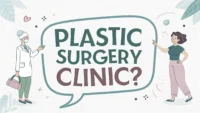 성형외과 관련 필수 영어 표현 배우기: 'Plastic Surgery Clinic?' 문구가 적힌 말풍선과 예약 및 질문 관련 아이콘 썸네일.