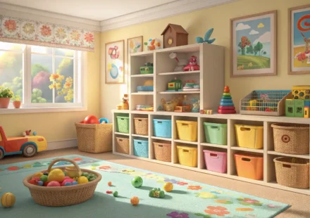 깔끔하게 정돈된 어린이 놀이방과 영국/미국 국기가 그려진 말풍선 아이콘이 있는 이미지 - 놀이방 규칙 영어 표현 학습 관련