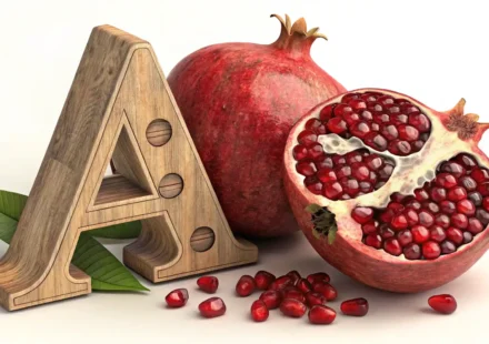 영어 단어 'Pomegranate' 학습을 나타내는 반으로 갈라진 석류와 알파벳 'P' 블록 이미지