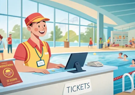 수영장 안내 데스크에서 직원이 외국인 방문객에게 영어로 입장료 관련 표현을 설명하는 밝은 분위기의 일러스트