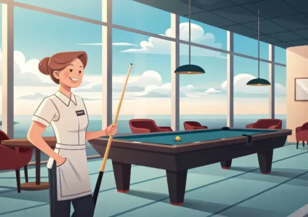 당구장 직원이 당구대 옆에서 영어 안내 표현을 떠올리는 모습 일러스트