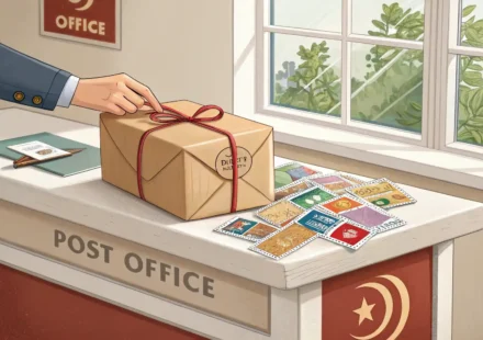 국제 우편 소포를 보내는 손과 영어 표현 학습 및 성공적인 소통을 상징하는 체크마크 말풍선 아이콘 벡터 일러스트